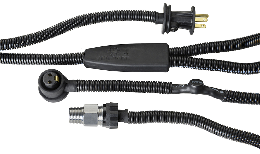Heater cord for in-block heater features two integrated thermostats and molded NEMA or Schuko plug for connecting to power