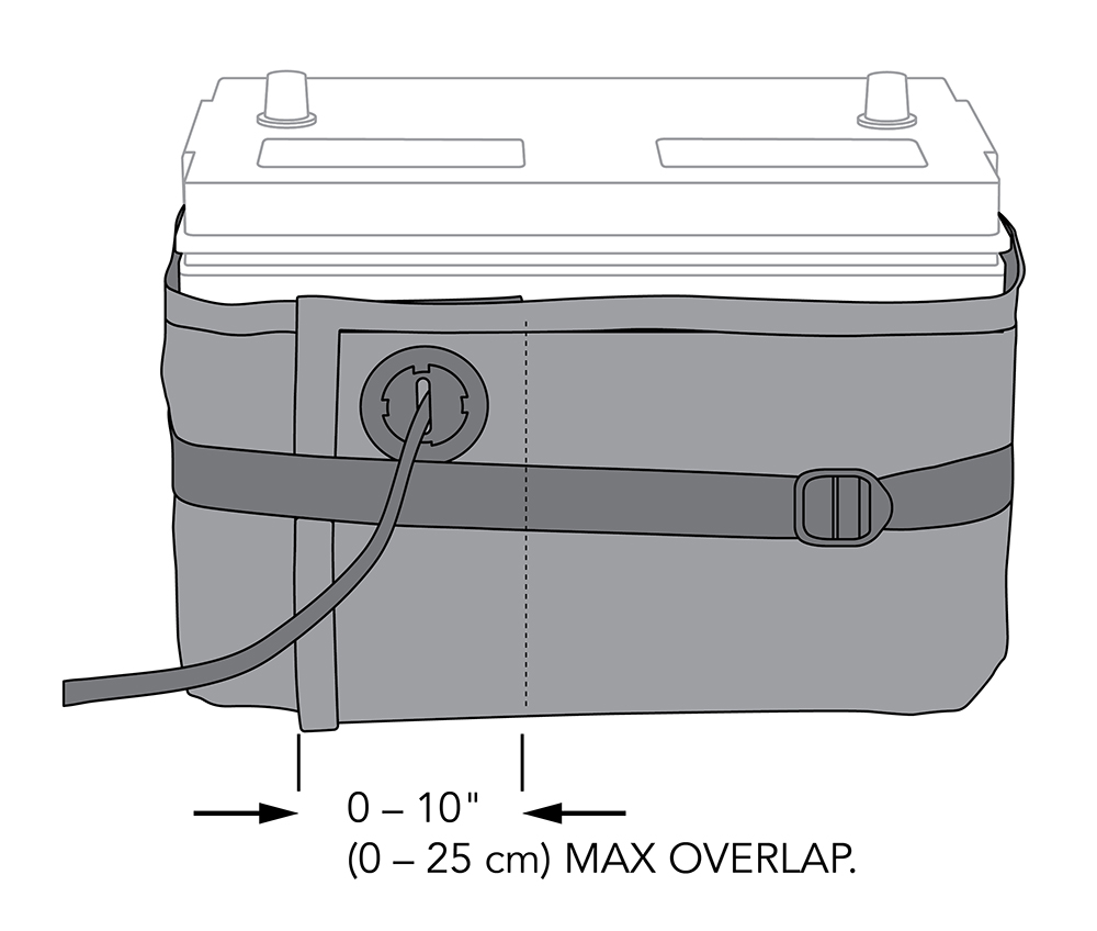 Illustration of a battery with a thermal wrap around the box secured with a nylon strap that has a tooth buckle