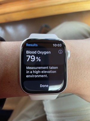 Image of an Apple watch showing 79% blood oxygen of the wearer during a climb to Mt Everest base camp.