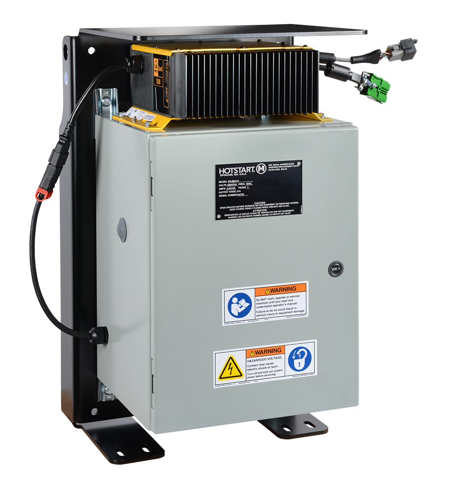 Battery charger designed to keep starting batteries ready for use in cold weather in locomotives and machinery.