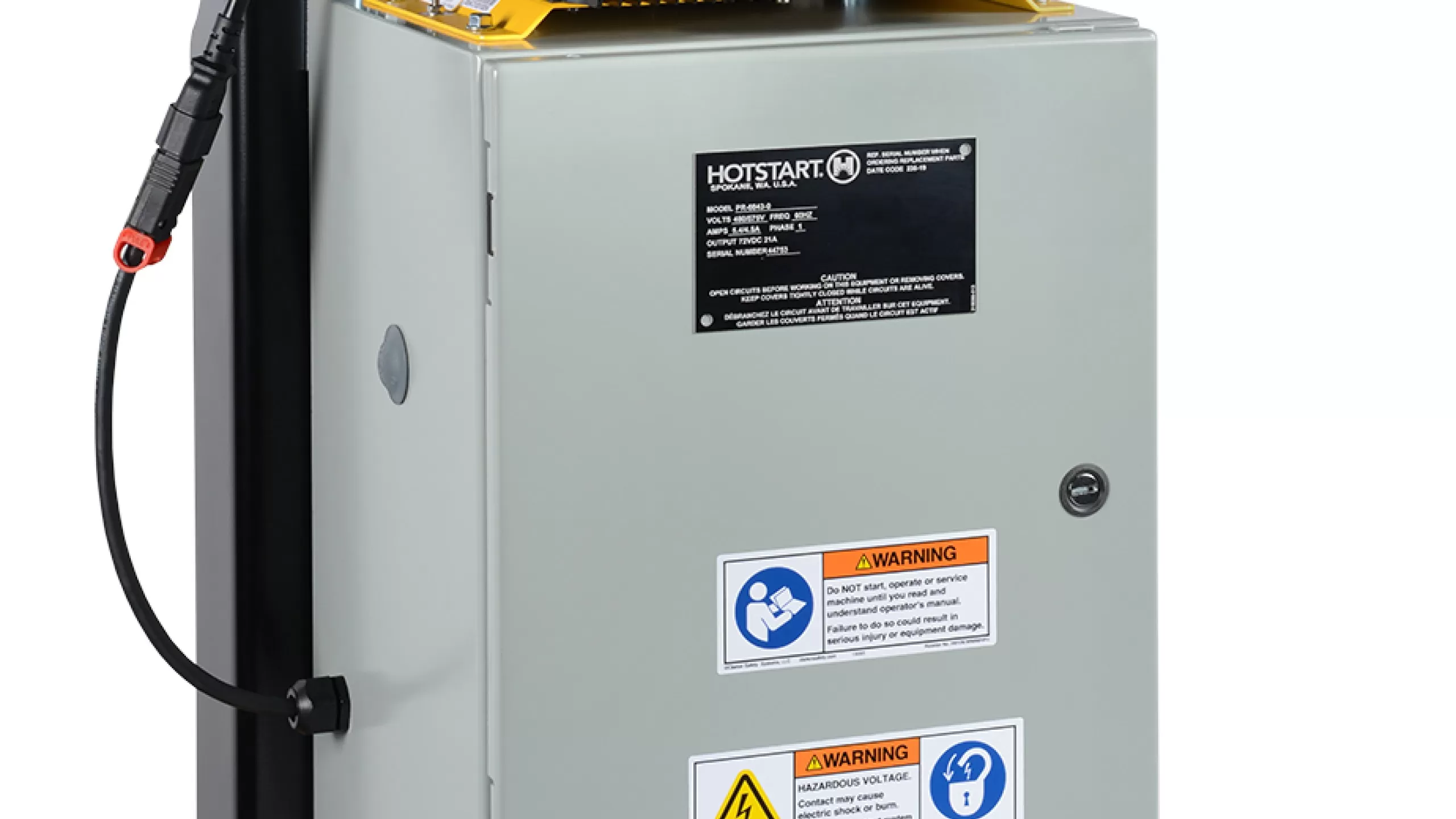 Battery charger designed to keep starting batteries ready for use in cold weather in locomotives and machinery.