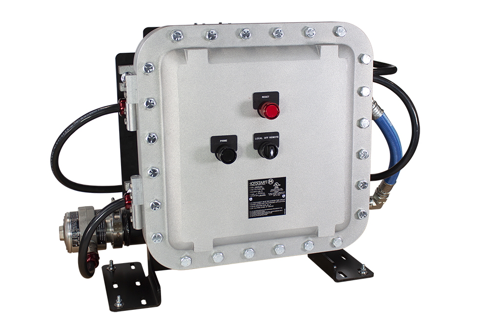 A compact UL C/US heating system for use in North America to maintain optimal engine temperatures-front view shown.