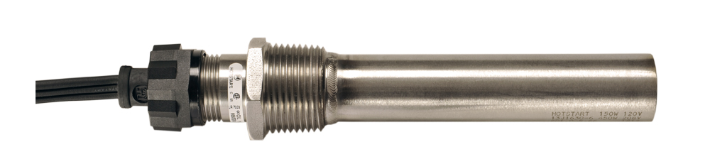 Metal cylindrical heater threads into an engine oil pan and warms up viscous oil, protecting critical components