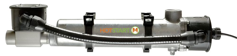 Engine block heater used for heating coolant consists of a metal tank with power cord and thermostat enclosure attached