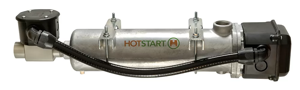 Engine block heater used for heating coolant consists of a metal tank with thermostat enclosure attached but no power cord